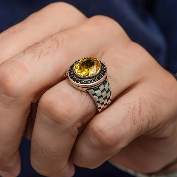 Sarı Taşlı Kordon Model 925 Gümüş Yüzük - Resim 6