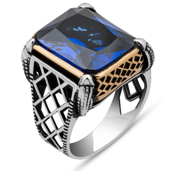 Parlament Mavisi Taşlı Kare 925 Gümüş Erkek Yüzük - 2