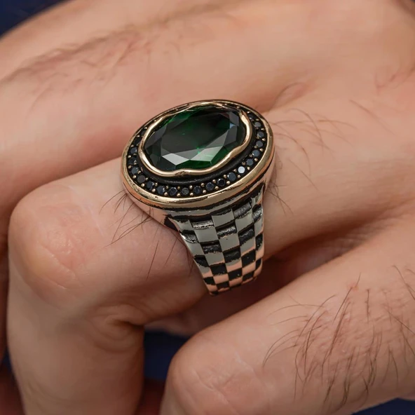 Oval Yeşil Taşlı Kordon Modeli 925 Gümüş Erkek Yüzük - 3