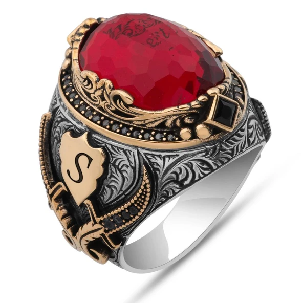 İsimli Kırmızı Taşlı Kılıç Motifli 925 Gümüş Yüzük - Resim 2