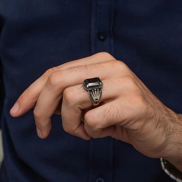 Kare Siyah Taşlı 925 Gümüş Erkek Yüzük - Resim 5
