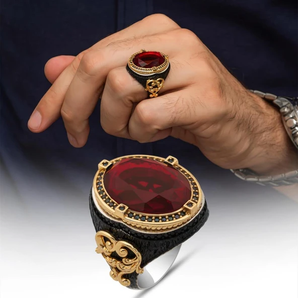 Oval Kırmızı Taşlı 925 Gümüş Erkek Yüzük