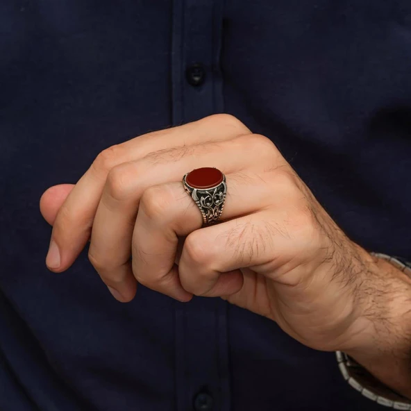 Oval Akik Taşlı 925 Gümüş Erkek Yüzük - Resim 6