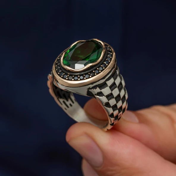 Oval Yeşil Taşlı Kordon Modeli 925 Gümüş Erkek Yüzük - 6