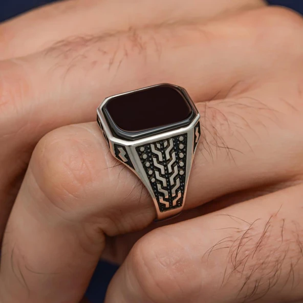 Siyah Oniks Taşlı 925 Gümüş Erkek Yüzük - Resim 3