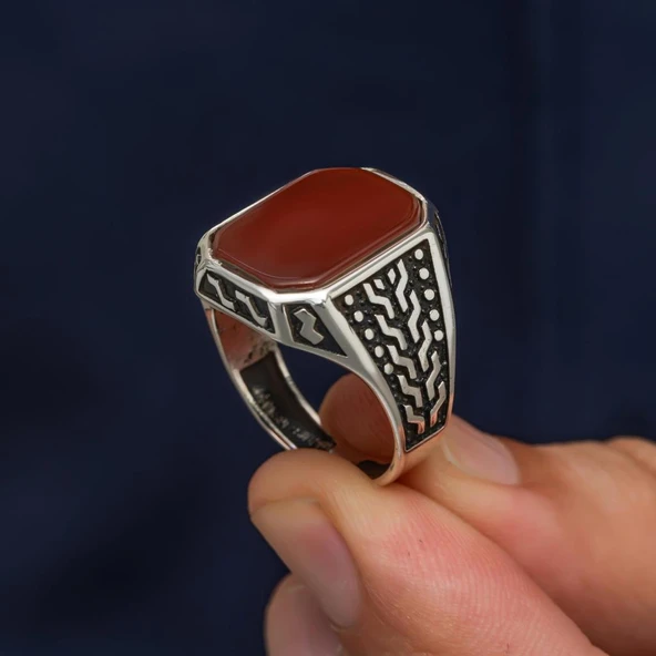 Akik Taşlı 925 Gümüş Erkek Yüzük - 6