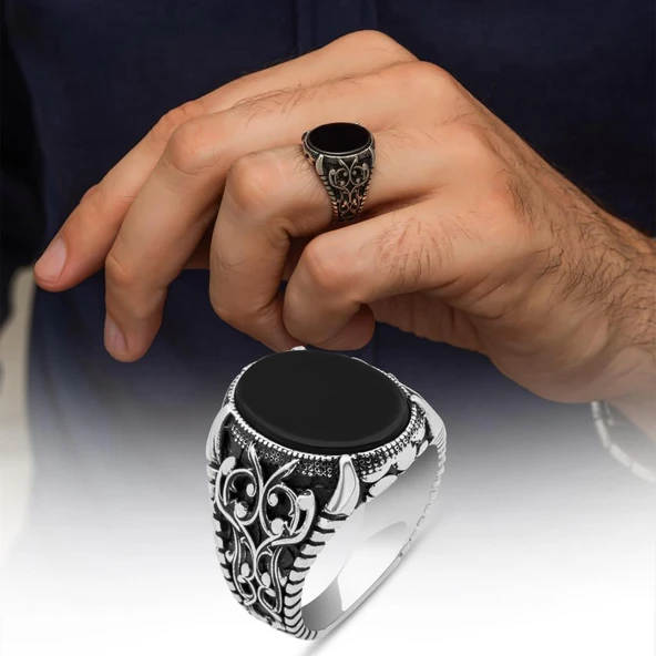 Oval Siyah Oniks Taşlı 925 Gümüş Erkek Yüzük