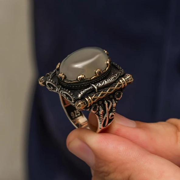 Oval Yemen Akik Taşlı Elifvav 925 Ayar Gümüş Yüzük - Resim 5