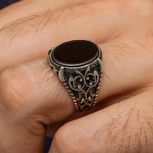 Oval Siyah Oniks Taşlı 925 Gümüş Erkek Yüzük - 3