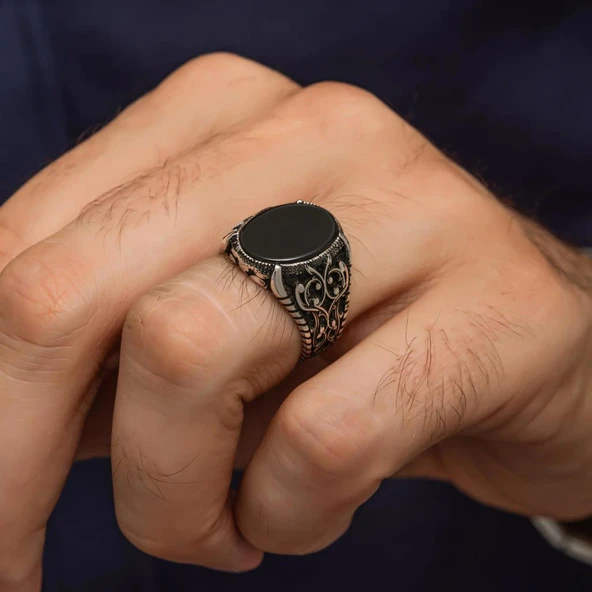 Oval Siyah Oniks Taşlı 925 Gümüş Erkek Yüzük - 5
