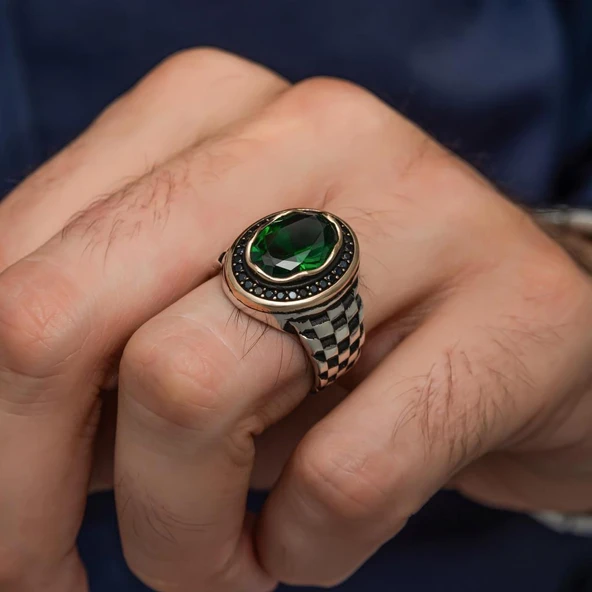 Oval Yeşil Taşlı Kordon Modeli 925 Gümüş Erkek Yüzük - 5
