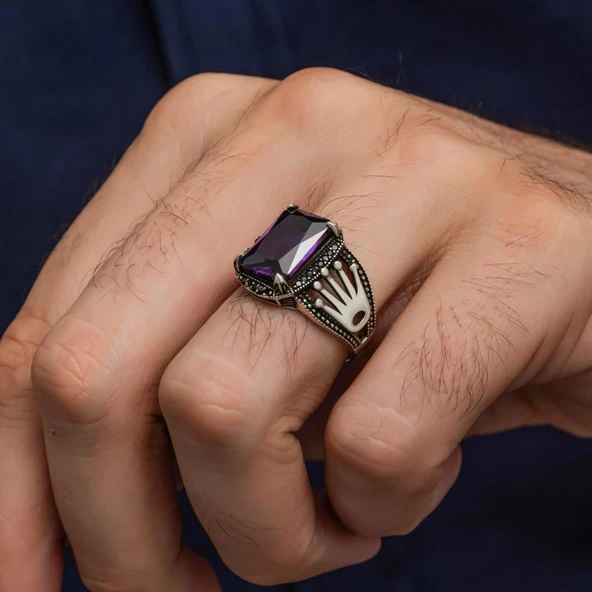 Kare Mor Taşlı 925 Gümüş Erkek Yüzük - Resim 6