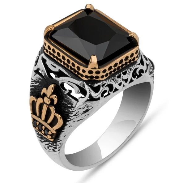 Siyah Taşlı Kral Tacı Motifli 925 Gümüş Yüzük - Resim 2