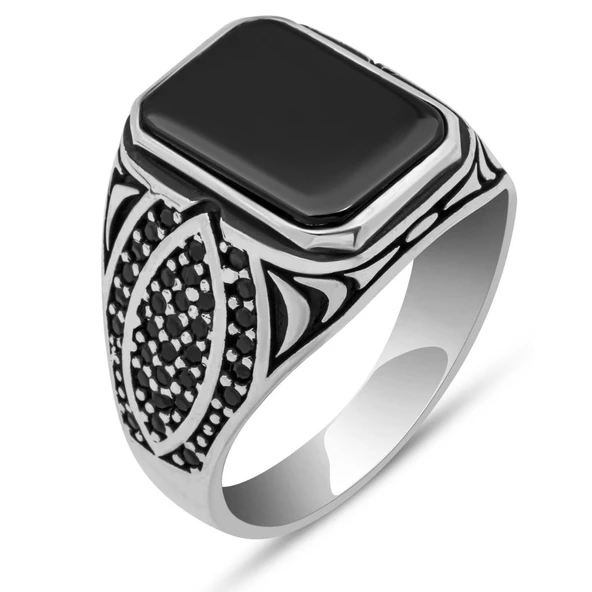 Siyah Oniks Taşlı 925 Gümüş Yüzük - Resim 2