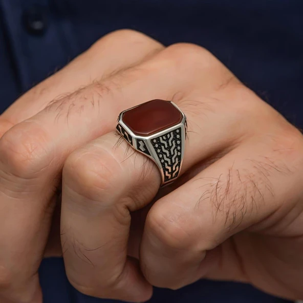 Akik Taşlı 925 Gümüş Erkek Yüzük - 5