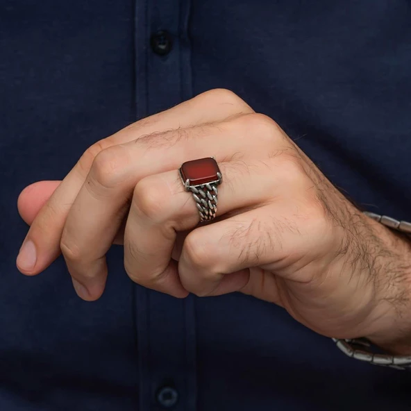 Kare Akik Taşlı 925 Gümüş Yüzük - Resim 5