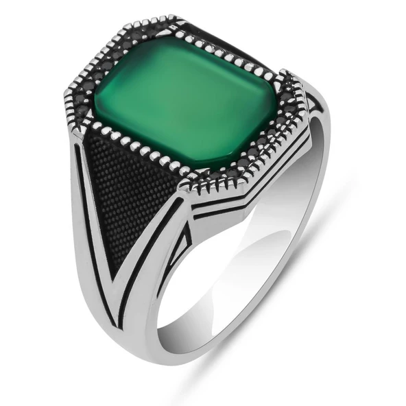 Yeşil Taşlı Kare Tasarım 925 Gümüş Yüzük - Resim 2