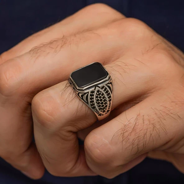 Siyah Oniks Taşlı 925 Gümüş Yüzük - Resim 3