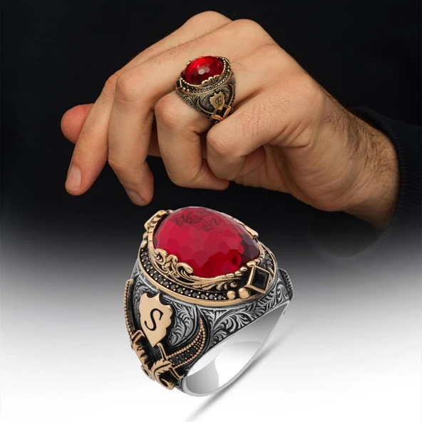 İsimli Kırmızı Taşlı Kılıç Motifli 925 Gümüş Yüzük ürün görseli