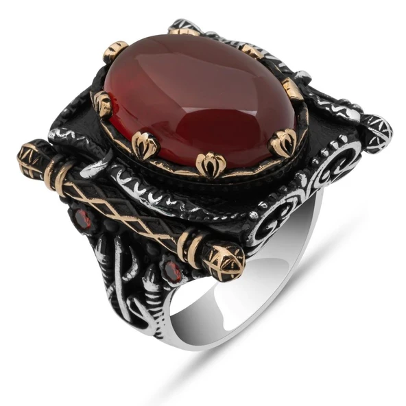 Oval Akik Taşlı Elifvav 925 Ayar Gümüş Yüzük - 2