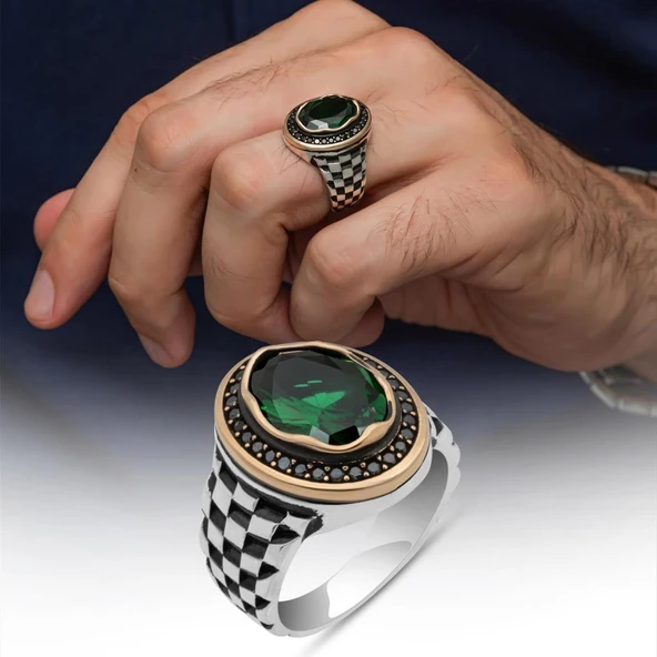 Oval Yeşil Taşlı Kordon Modeli 925 Gümüş Erkek Yüzük