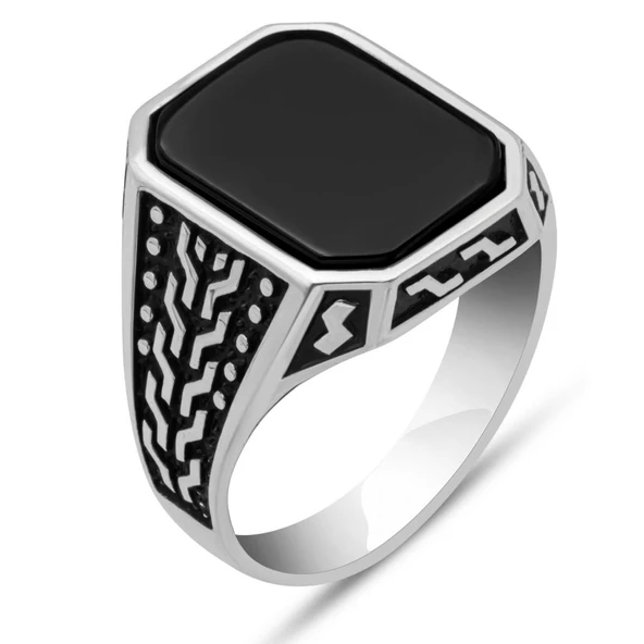 Siyah Oniks Taşlı 925 Gümüş Erkek Yüzük - Resim 2