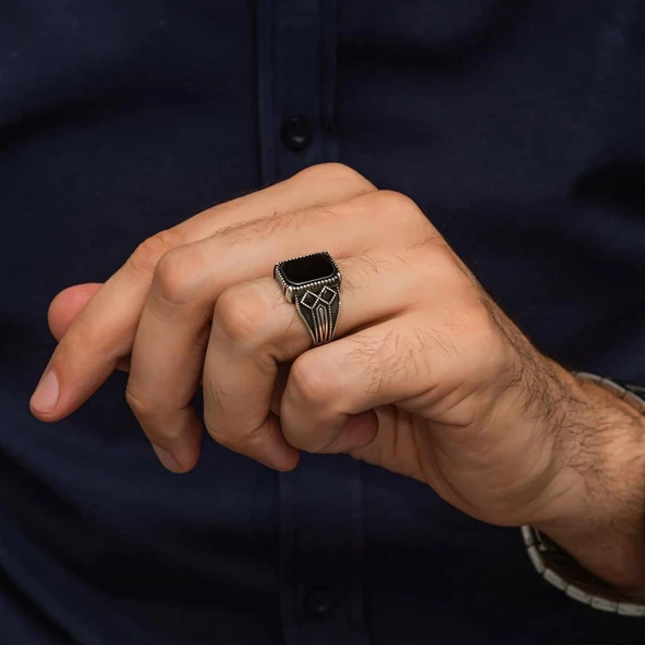 Siyah Oniks Taşlı 925 Gümüş Yüzük - Resim 5