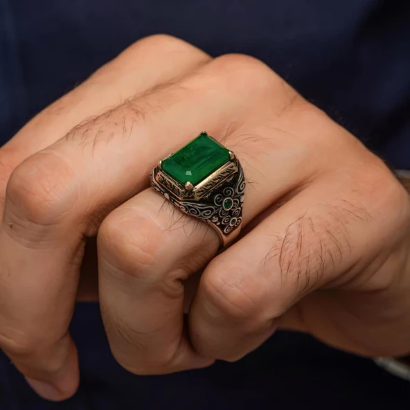 Kare Yeşil Paraipa Taşlı 925 Gümüş Erkek Yüzük - Resim 5