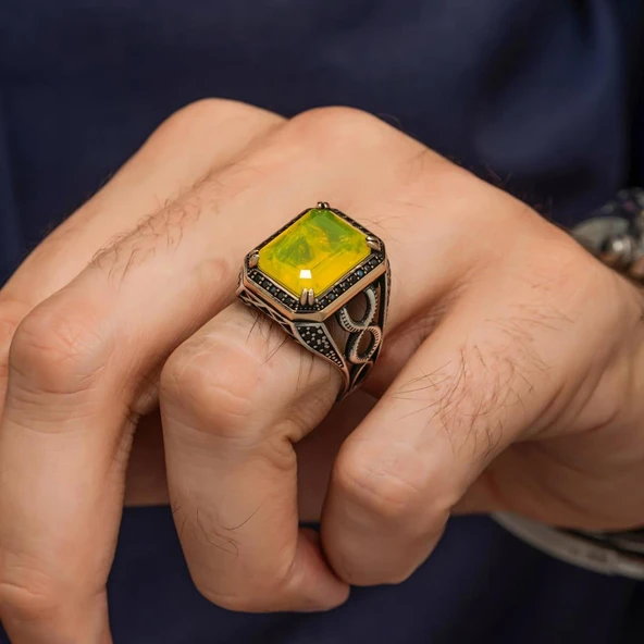 Sarı Paraiba Taşlı 925 Gümüş Erkek Yüzük - Resim 5