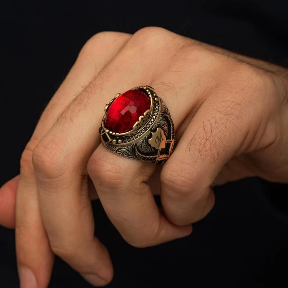 İsimli Kırmızı Taşlı Kılıç Motifli 925 Gümüş Yüzük - Resim 5