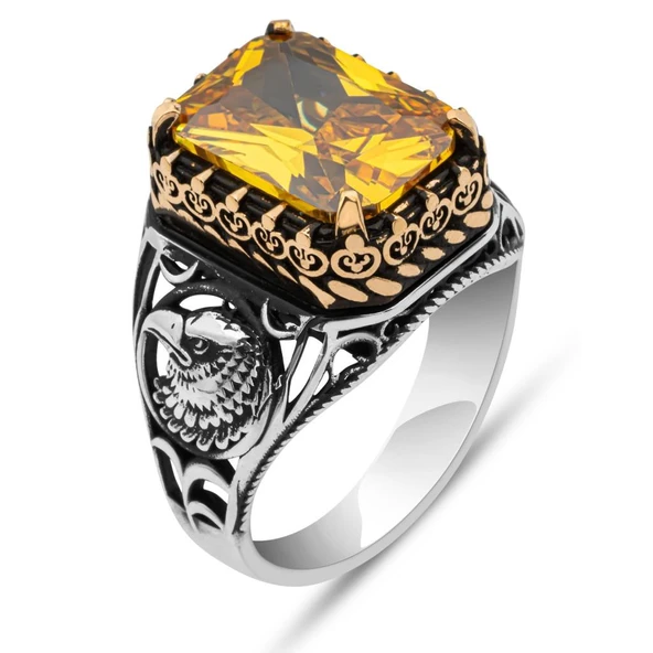 Sarı Taşlı Şahin Başı Motifli 925 Gümüş Erkek Yüzük - Resim 2