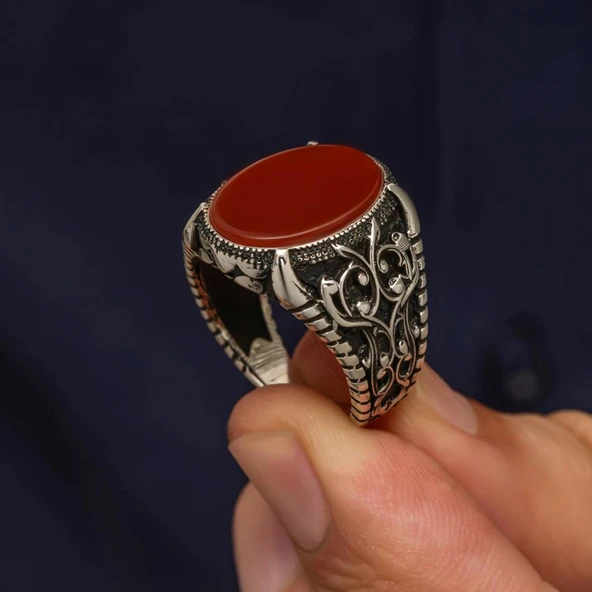 Oval Akik Taşlı 925 Gümüş Erkek Yüzük - Resim 5