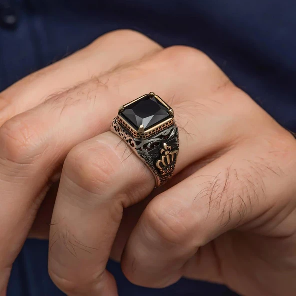 Siyah Taşlı Kral Tacı Motifli 925 Gümüş Yüzük - Resim 5