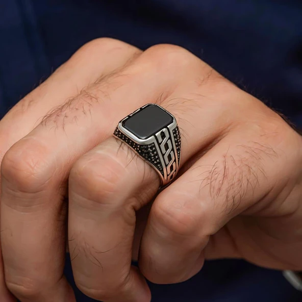 Siyah Oniks Taşlı Grek Motifli 925 Gümüş Erkek Yüzük - Resim 6