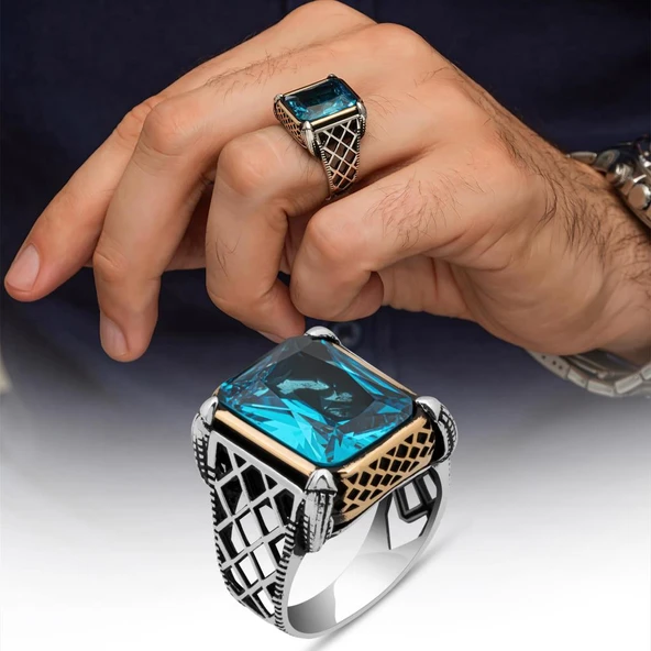 Aqua Mavi Taşlı 925 Gümüş Erkek Yüzük ürün görseli