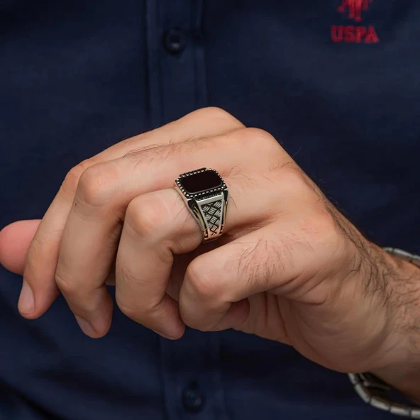 Siyah Oniks Taşlı Kazaz Model 925 Gümüş Yüzük - Resim 4