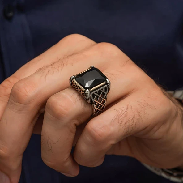 Siyah Taşlı Kare 925 Gümüş Erkek Yüzük - Resim 5