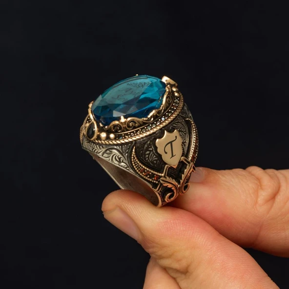 İsimli Mavi Taşlı 925 Ayar Gümüş Yüzük - Resim 5