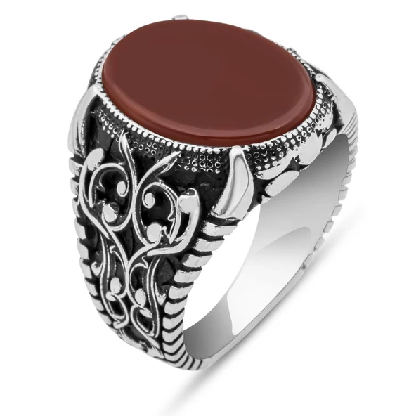 Oval Akik Taşlı 925 Gümüş Erkek Yüzük - Resim 2