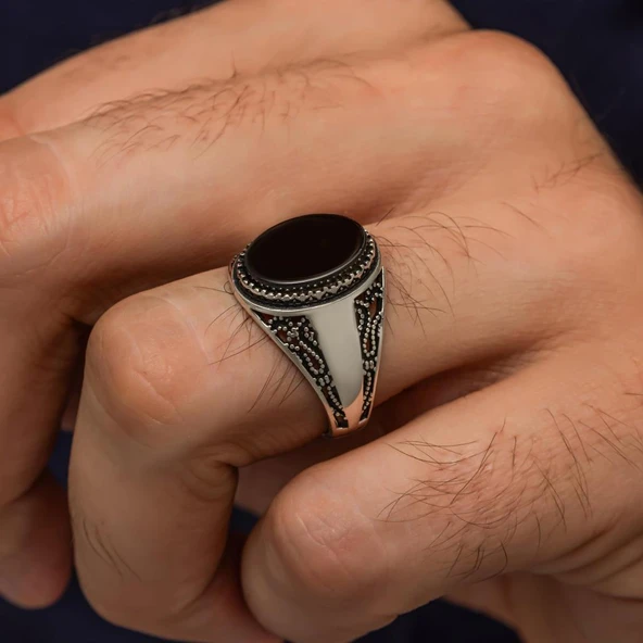 Siyah Oval Oniks Taşlı 925 Gümüş Yüzük - Resim 3