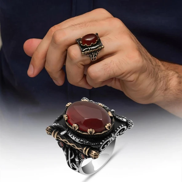 Oval Akik Taşlı Elifvav 925 Ayar Gümüş Yüzük