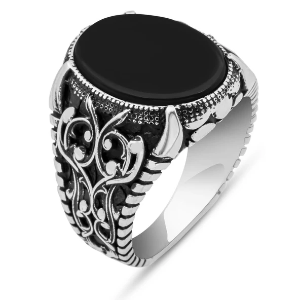 Oval Siyah Oniks Taşlı 925 Gümüş Erkek Yüzük - 2