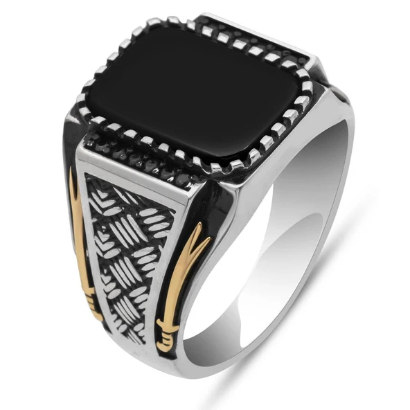 Siyah Oniks Taşlı Kazaz Model 925 Gümüş Yüzük - Resim 2