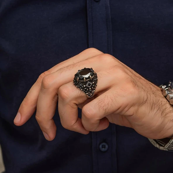 Oval Siyah Taşlı 925 Gümüş Erkek Yüzük - Resim 6