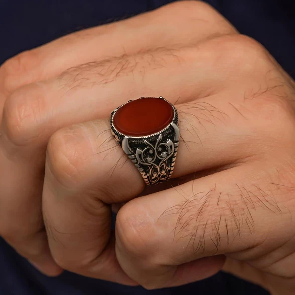 Oval Akik Taşlı 925 Gümüş Erkek Yüzük - Resim 3