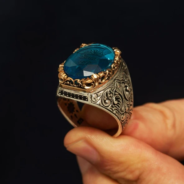 İsimli Mavi Taşlı 925 Gümüş Yüzük - Resim 8