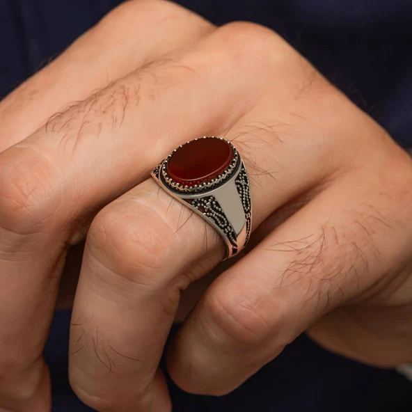 Akik Oval Taşlı 925 Gümüş Yüzük - Resim 4