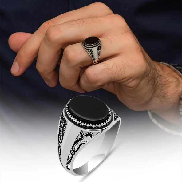 Siyah Oval Oniks Taşlı 925 Gümüş Yüzük ürün görseli 1