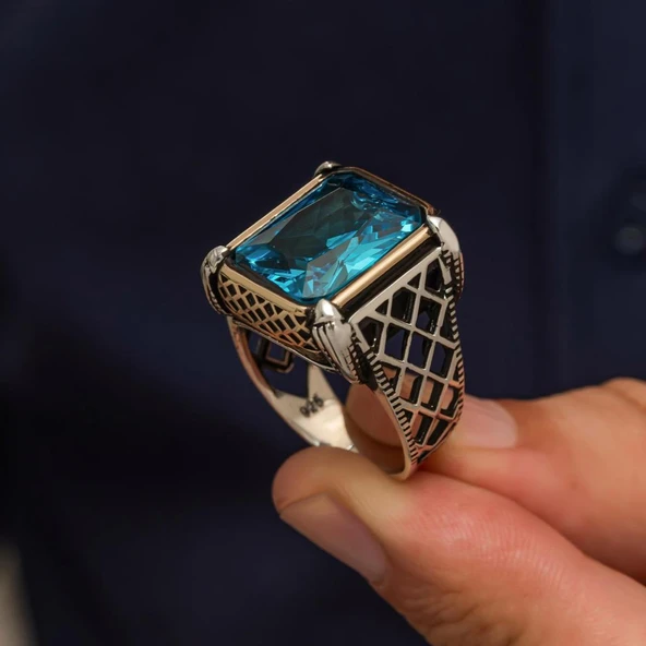Aqua Mavi Taşlı 925 Gümüş Erkek Yüzük - Resim 4