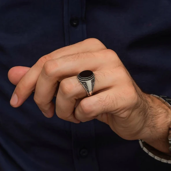 Siyah Oval Oniks Taşlı 925 Gümüş Yüzük - Resim 6